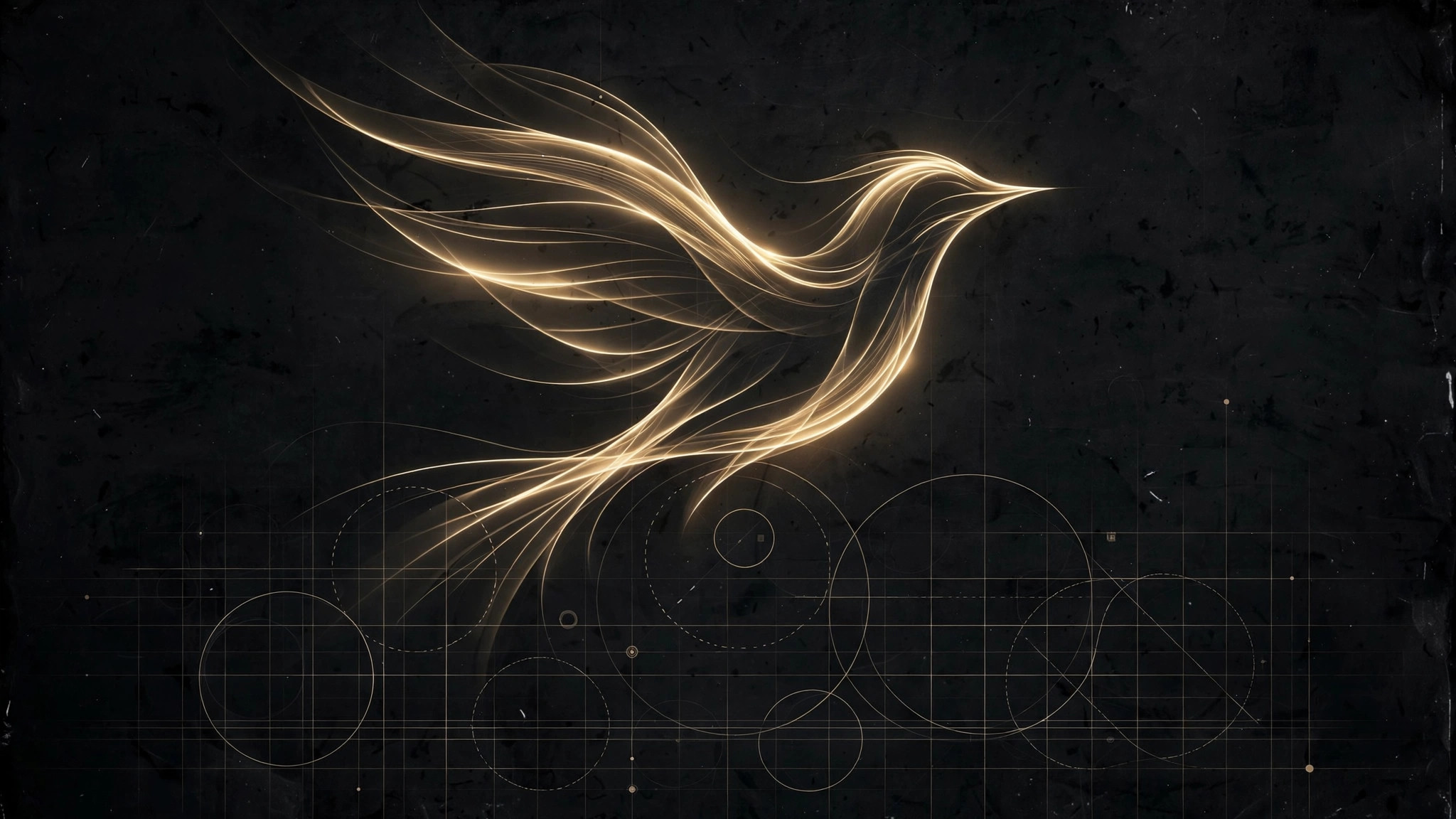 Bird in flight formed of golden light strokes symbolizing branding and logo design