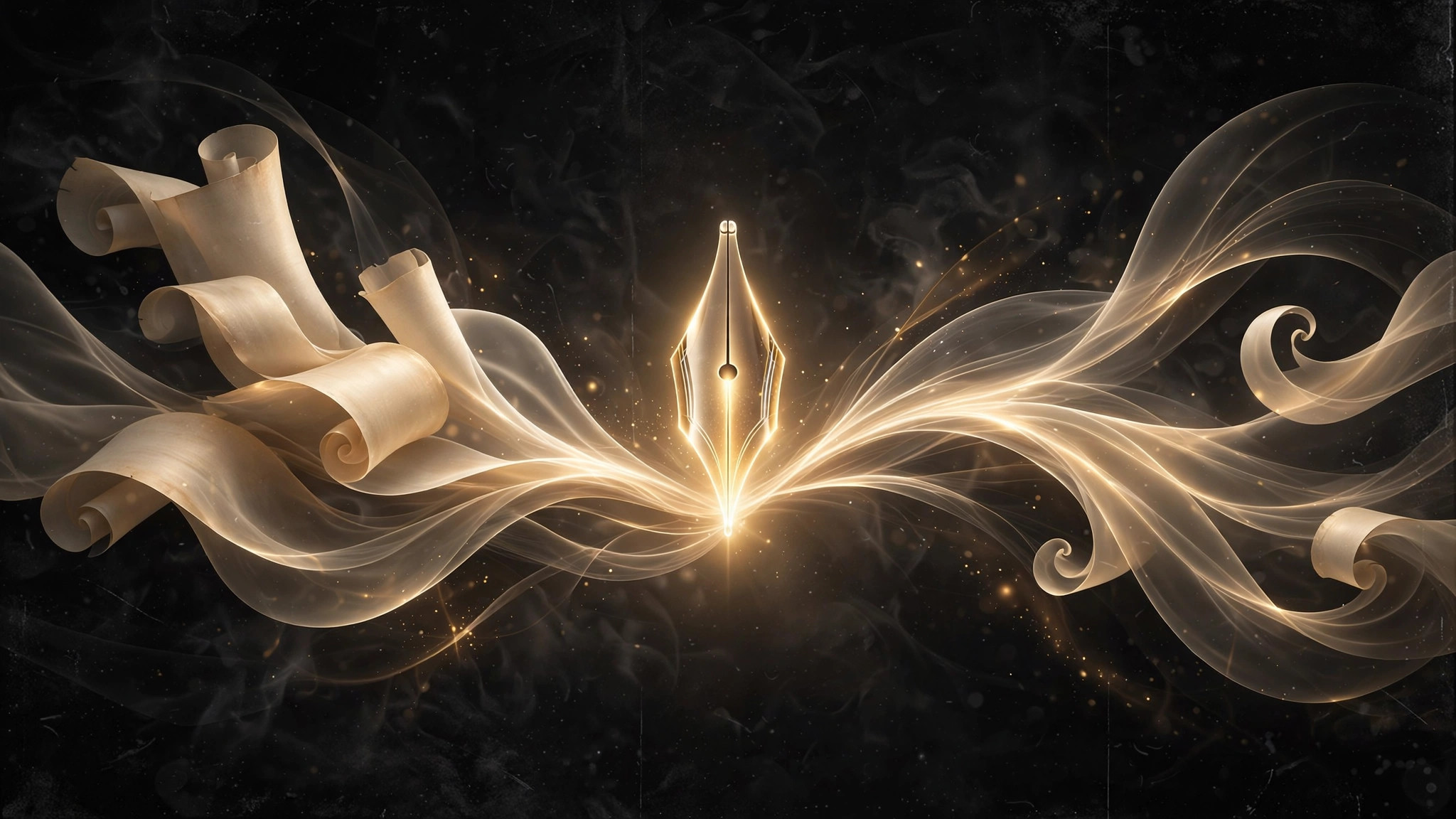 Golden ribbons of light and a luminous pen nib symbolizing content marketing