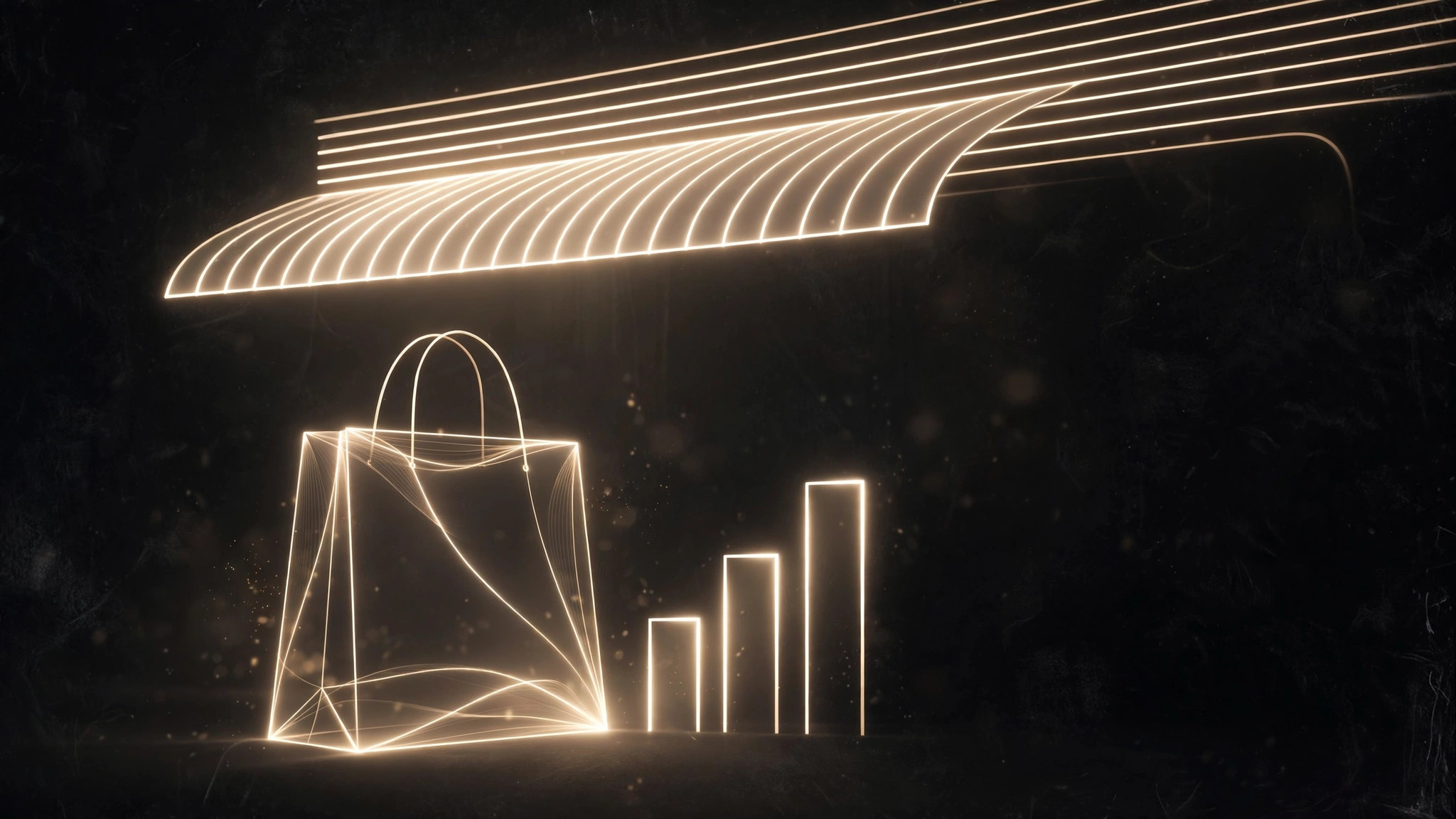 Golden shopping bag and storefront light lines symbolizing e-commerce development