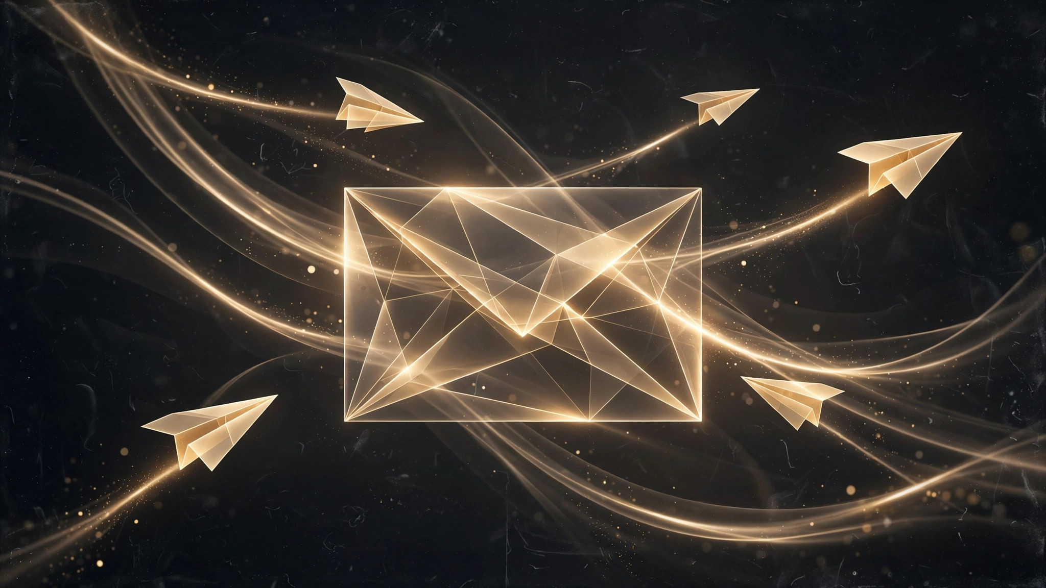Geometric golden envelope and paper planes symbolizing email marketing