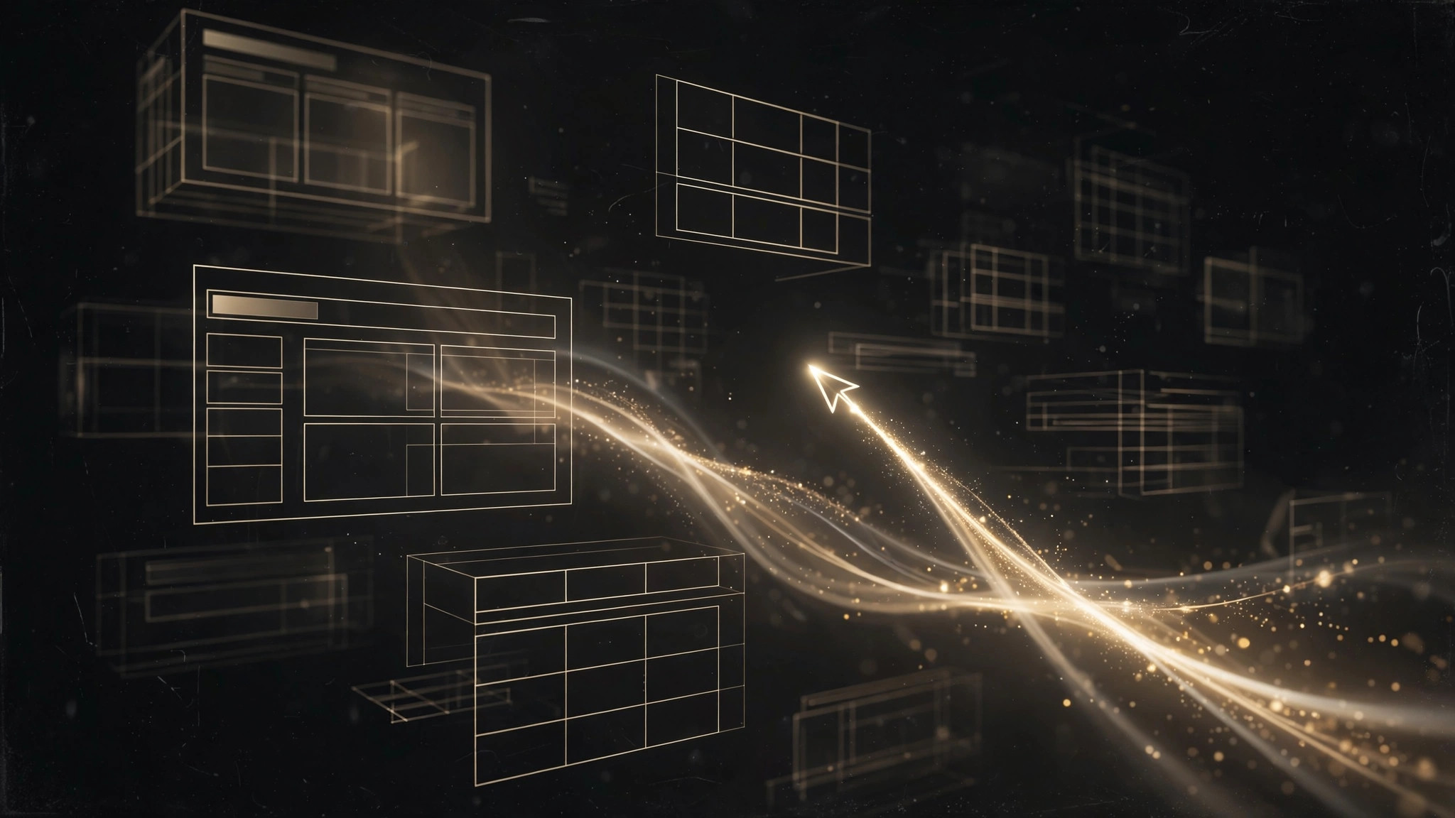 Floating gold wireframe interfaces symbolizing UI/UX design