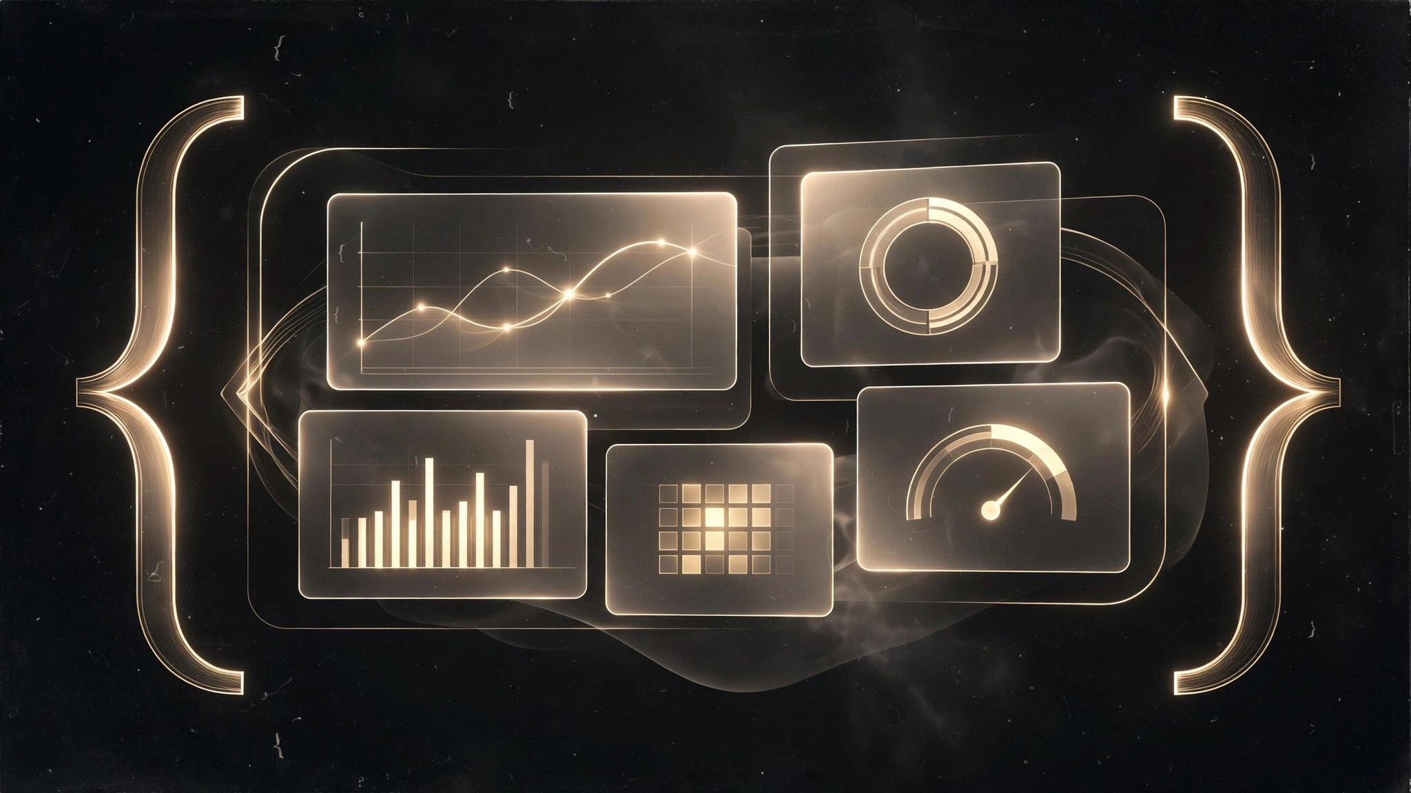 Glowing dashboard panels and gold code brackets symbolizing web app development