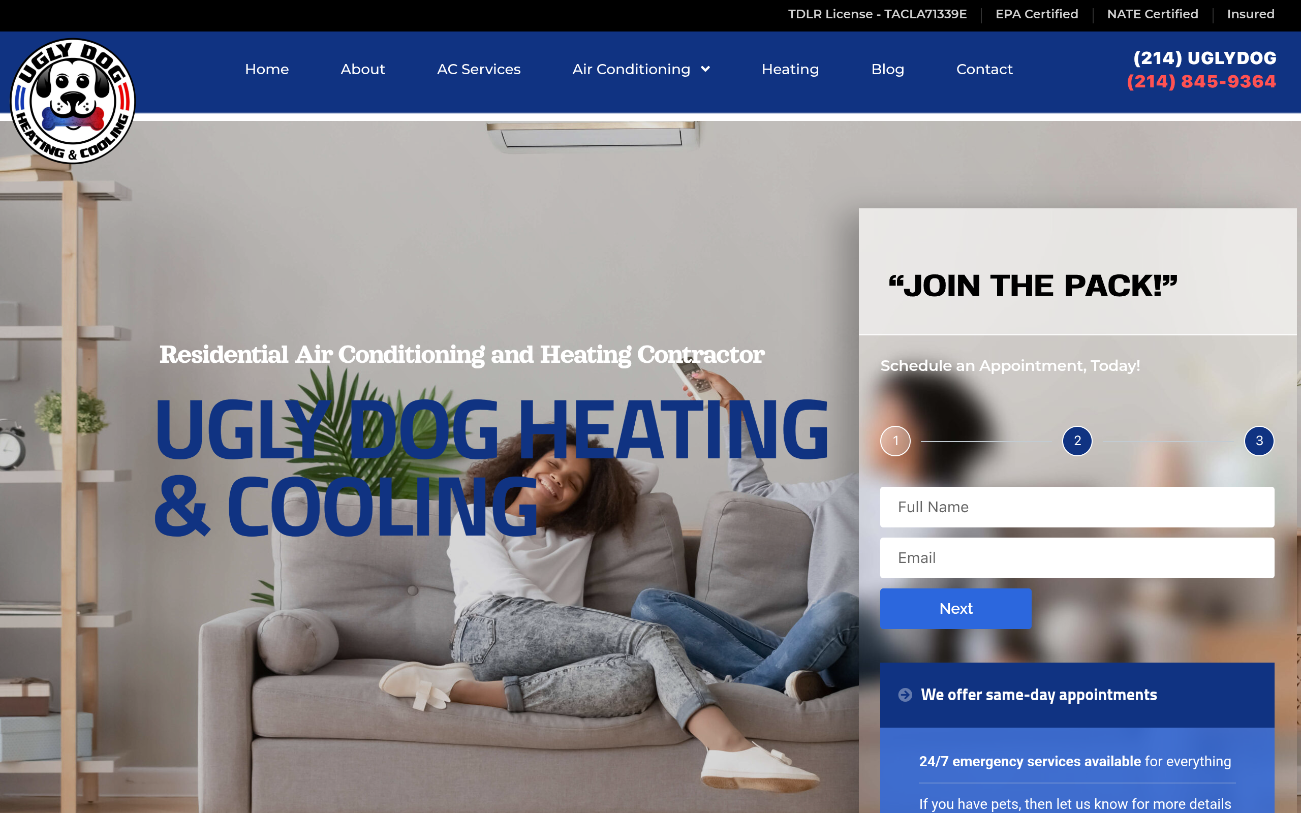 Ugly Dog Heating and Cooling homepage — Texas HVAC company website designed by Tayr Digital
